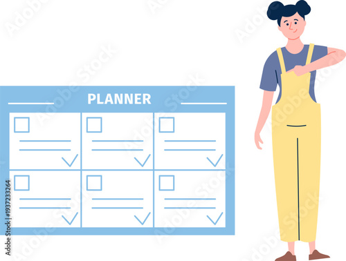 Planner sheet. Young woman show empty task list