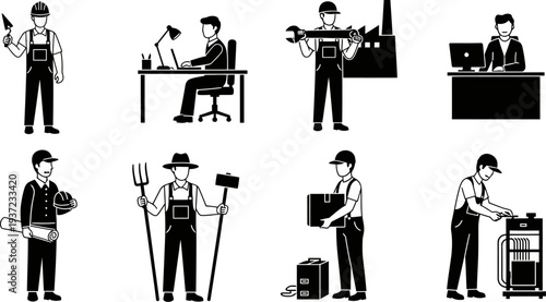 Collection of various occupations and professionals at work in different settings