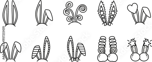 Collection of various black line drawn easter bunny ears on white background