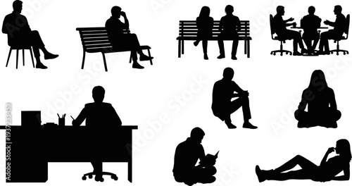 Silhouettes of people in various poses and settings for design use