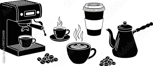 coffee machine with cups and coffee beans on white background