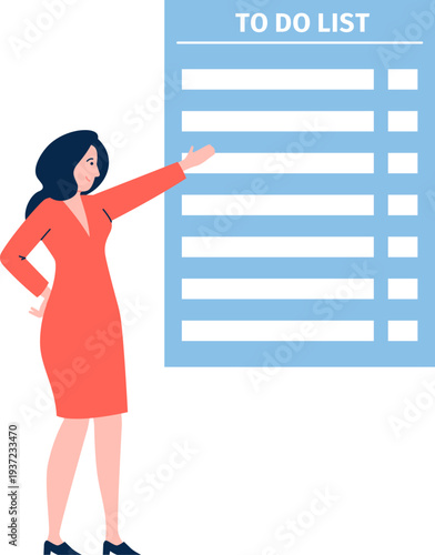 Woman show task in to do list. Job organization icon