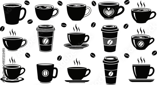 Black and white coffee cups and coffee beans on white background