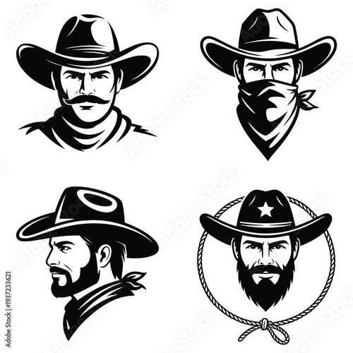Cowboy head vector set featuring hats, mustaches, beards, bandanas, and lasso design elements, perfect for western illustrations, posters, branding, logos, and creative vector projects.