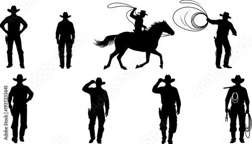 Set of cowboy silhouettes in various poses on white background