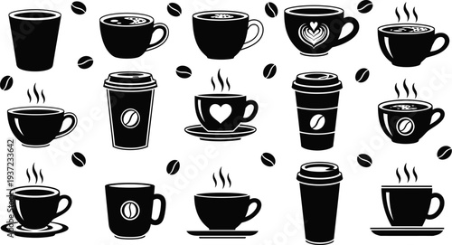 A collection of coffee cups and coffee beans on a white background