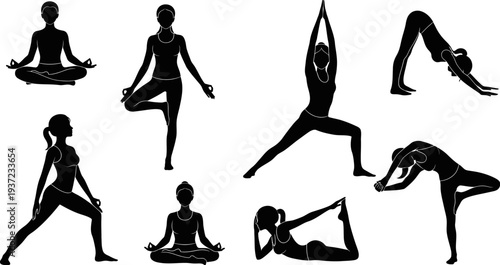 Silhouette of women in various yoga poses on a white background