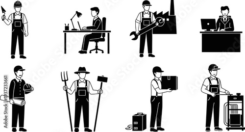 Collection of various occupations and professionals at work in different settings