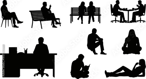Collection of people sitting in various poses and settings in black silhouette on white background