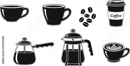 set of coffee cups and coffee makers on white background