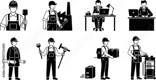 Black and white illustrations of various workers and professionals in different occupations and industries