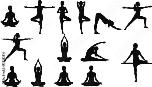 collection of women in various yoga poses silhouettes isolated on white background