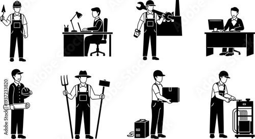 Set of various occupations and professionals at work in different settings and industries
