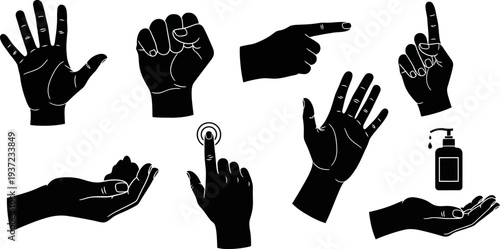 black silhouettes of various hand gestures and a bottle of hand sanitizer on white background