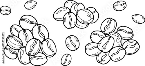 coffee beans illustration with multiple piles and scattered around on white background