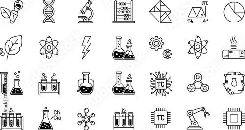 science technology and chemistry icons set with various symbols and objects