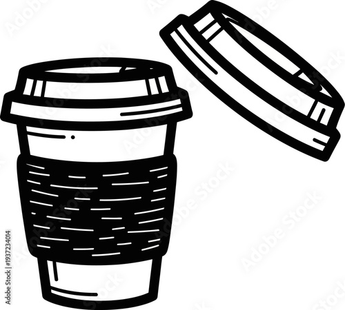 a black and white drawing of a disposable cup with a lid