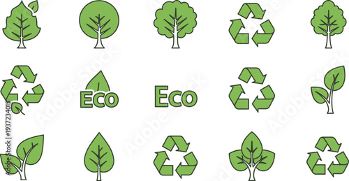 eco friendly green tree leaf recycle symbol icons on white background for environmental conservation