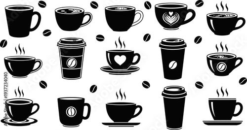 black coffee cups and coffee beans on white background