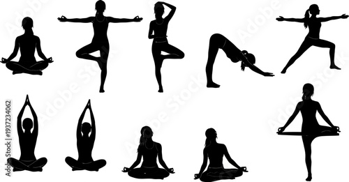 set of women in various yoga poses on white background for meditation and exercise