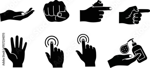 hand icons for various actions and gestures in black silhouette on white background