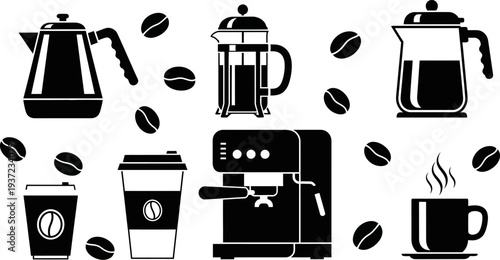 black and white coffee related objects and coffee beans on white background