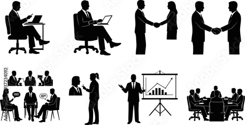 Silhouette of business people working and communicating in office settings