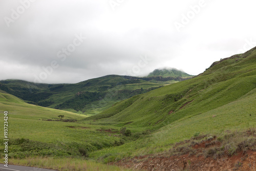 South African mountain landscape in the Lesotho region on a cloudy summer day