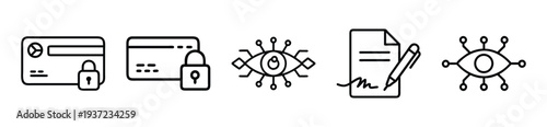 Collection of simple line icons representing security and surveillance on transparent background