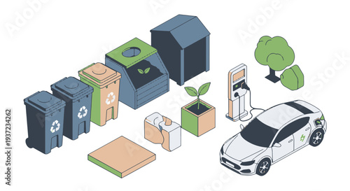 Environmentally Conscious Lifestyle Elements Including Recycling Bins Electric Car Charging and Green Plants