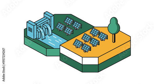 Renewable Energy Sources Combine Hydroelectric Dam with Solar Panel Array and Tree on Green Terrain