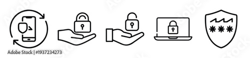 Vector illustration of cybersecurity icons including mobile security, padlocks, and laptop protection on transparent background. on transparent background