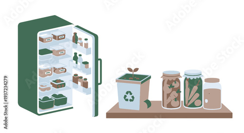 Compact Kitchen Refrigerator Stocked with Food Containers and Bottled Liquids Alongside Preserved Foods in Jars