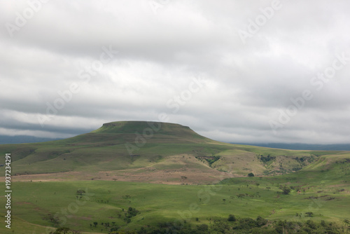 South African mountain landscape in the Lesotho region on a cloudy summer day