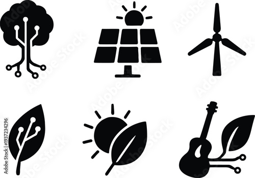Eco friendly icons representing renewable energy and nature