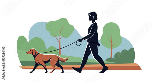 Man Walking Dog in Park on Leash.