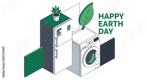 Stylized Isometric Illustration of a Green Leaf Next to a Modern Washing Machine and Refrigerator Celebrating Earth Day with a Potted Plant