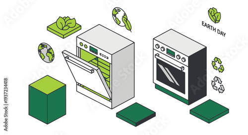 Eco friendly Kitchen Appliances with Recycling Symbols and Earth Day Theme Elements