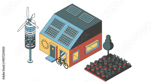 Sustainable Eco friendly Home with Solar Panels Wind Turbine and Organic Garden Representing Green Energy and Self sufficiency