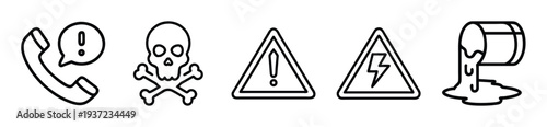 Collection of danger warning icons featuring a telephone, skull, and hazardous symbols on transparent background. on transparent background