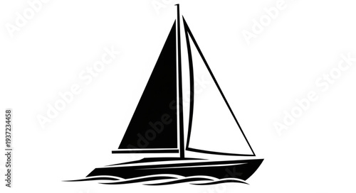 Simple black and white illustration of a sailboat sailing on the water, minimalist design.