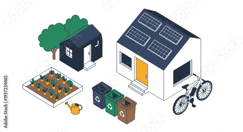 Sustainable Living Scene with Eco friendly House Garden Solar Panels Recycling Bins and Bicycle