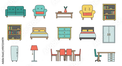 Collection of various furniture items for home and office interior design.