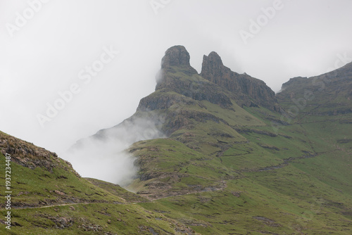 South African mountain landscape in the Lesotho region on a cloudy summer day