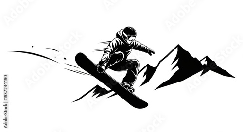 Snowboarder soaring through the air with mountains in the background, a thrilling winter sport.