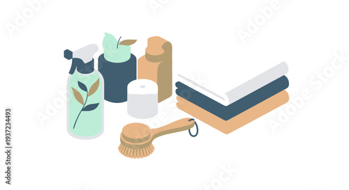 Eco friendly Cleaning Supplies with Stacked Organic Cotton Towels and a Natural Scrubbing Brush