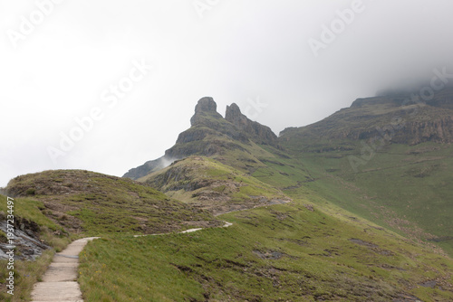 South African mountain landscape in the Lesotho region on a cloudy summer day