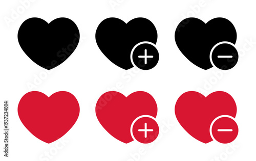 Heart icons with plus and minus symbols for favorites and likes
