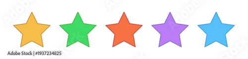 Five colorful stars for rating and ranking on white background
