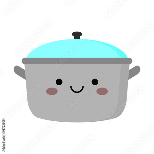 Cute smiling cooking pot character illustration with blue lid, flat vector style.